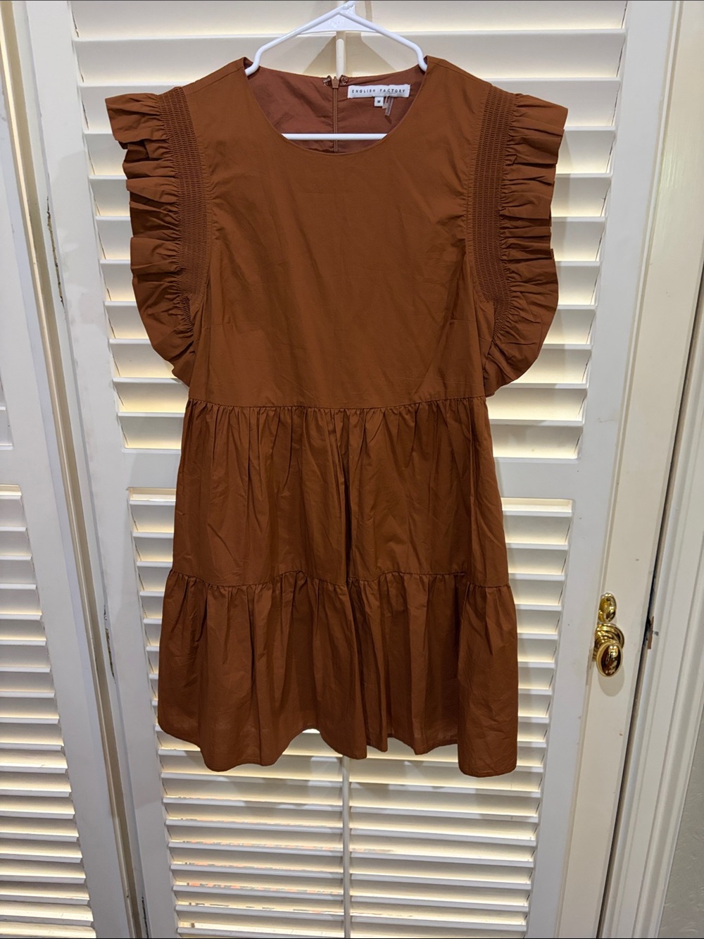 English Factory Ruffled Tiered Dress in Warm Brown. Small